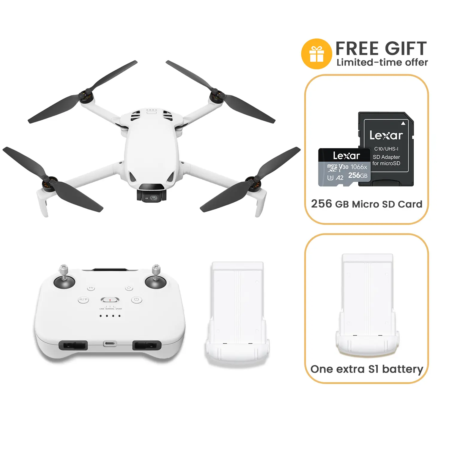 Skyrover S1 Mini Drone with Free Lexar 256g Professional Microsd card and an extra battery. Camera 4K/60fps Video, 3-Axis Gimbal Stabilization, 39,000ft Video Transmission, 40-Min Flight Time, Under 249g, Auto Track S1-4