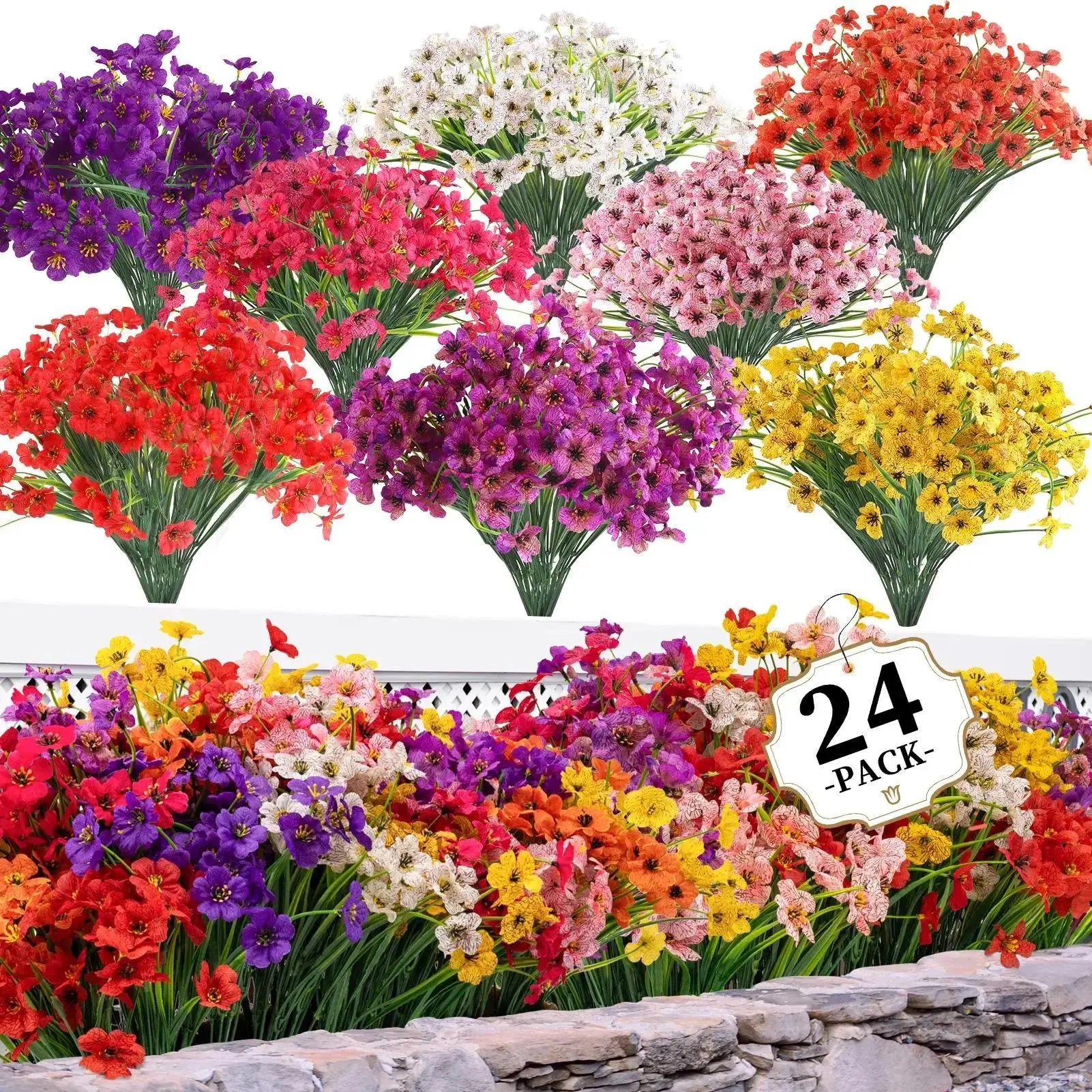 24-Pcs Mix Color Fade-Resistant Hanging Artificial Flowers - 8-Color Faux Boxwood Greenery Set with Adjustable Height, 1.38" Bold Blooms, Handmade PE Craft, Photorealism, Rain-Proof Decor for Front Porch, Special Events