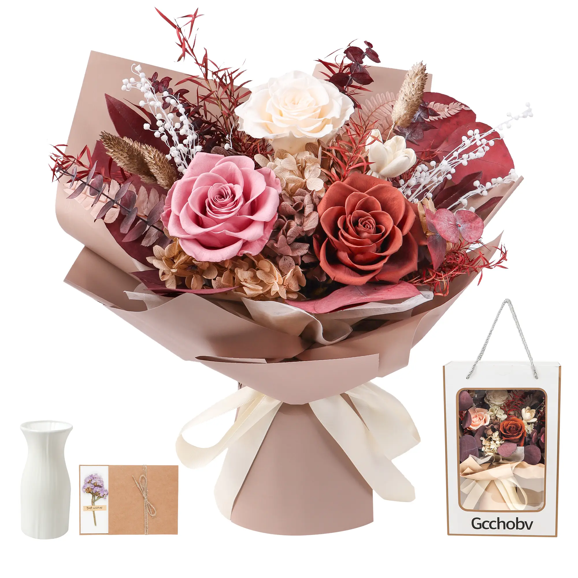 Gcchobv Boxed Preserved Real Flower Bouquet - 100% Fresh-Made Long-Lasting Decorative Flowers, Indoor Home Decor, Ideal Gift for Birthday, Anniversary (Single Bouquet), Real Flowers