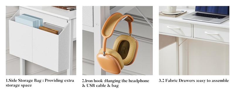 Computer Desk Home Office Bedroom Writing Study PC Table with Storage Space Fabric Side Bag Headphone Hook Metal Frame Adjustable Feet