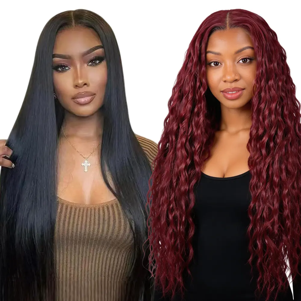 [Blend] Limited Stock! Buy 1 Get 1 Free Blended Human Hair Lace Front Wig | 180% Density, 99J Ocean Wave Wigs & #1B Straight Hair Wig #SummerVibes