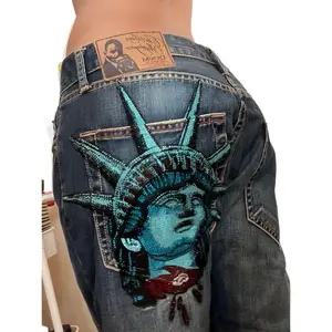 Statue of Liberty Diamonds High Waist Straight Wide Leg Jeans Casual Denim Pants Harajuku Vintage Women's Clothing