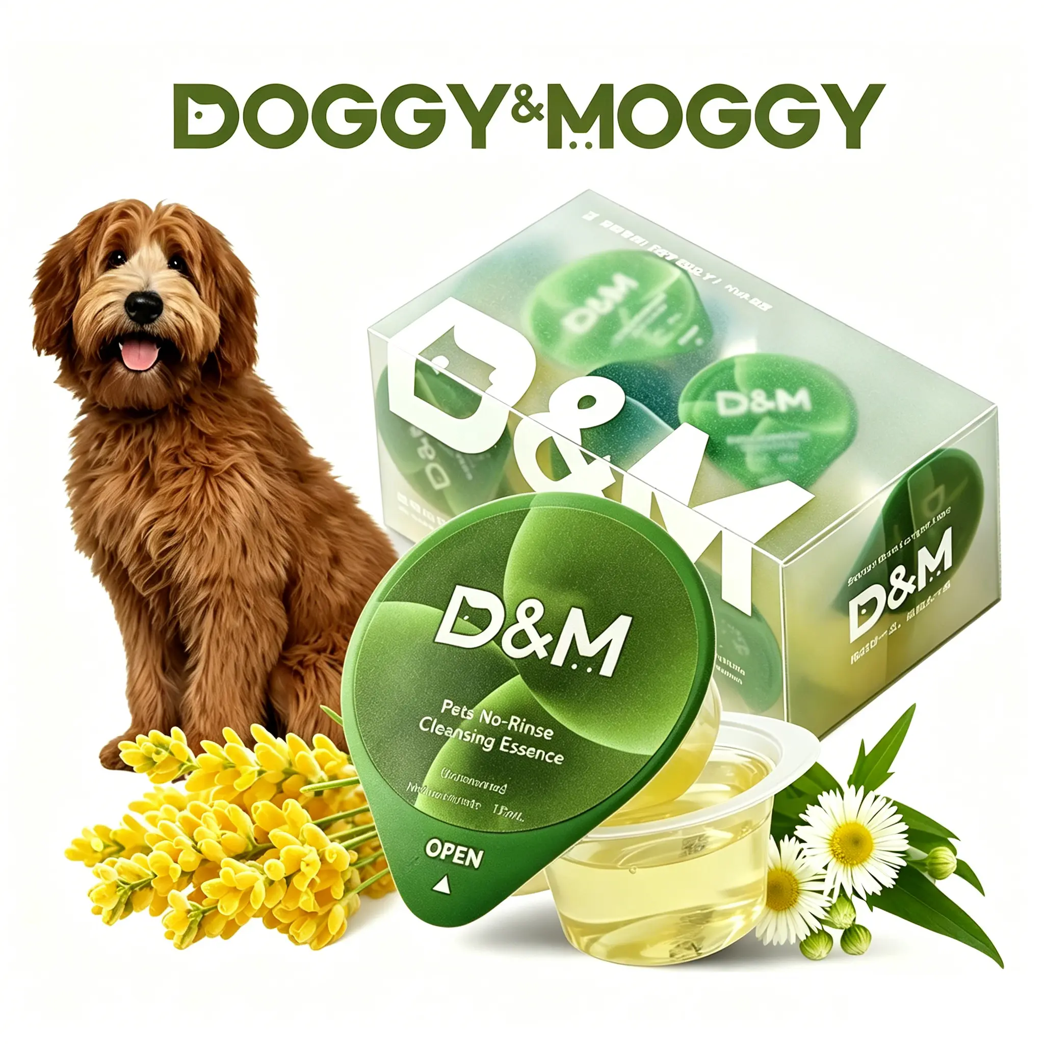 DOGGY&MOGGY Natural Liquid Waterless Pet Shampoo for Dogs & Cats, 10 Single-Use Cups, Effective No-Rinse Cleansing Essence, Tear-Free Plant-Based Formula, No-Bath Grooming Supplies
