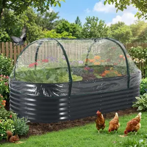 Garvee 8X4 FT Large Galvanized Raised Garden Bed with Greenhouse Cover, Steel Planter Kit with Zippered Doors & Open Base for Vegetables & Flowers, Grey