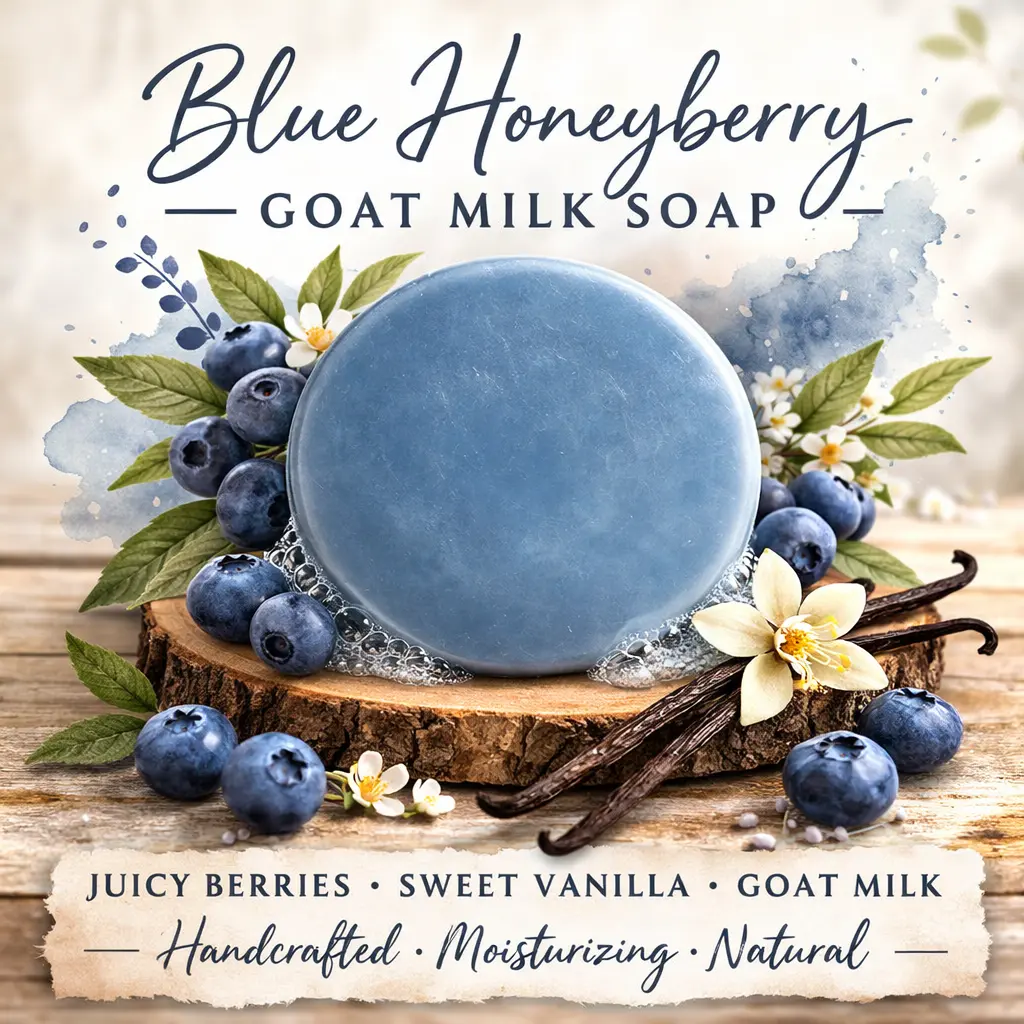 Handcrafted Blue Honeyberry Goat Milk Soap Bar, Hydrating and Soothing Daily Cleanser with a Fresh Vanilla Berry Scent for All Skin Types, Vanilla Scents