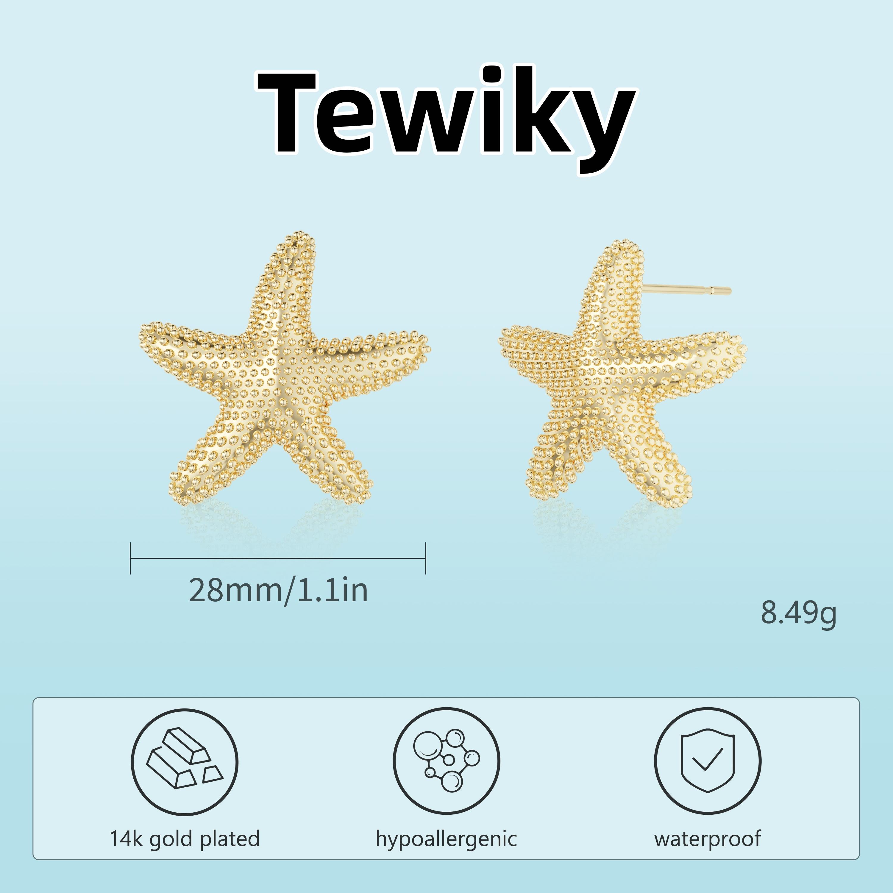 Tewiky 14K Gold Plated Starfish Stud Earrings for Women Trendy Drop Dangle Earring Beach Summer Jewelry Gift For Valentine's Day gifts