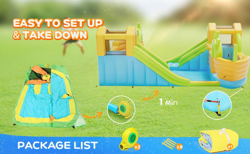 JOYMOR Inflatable Water Slide Park, 2 Pirate-Boat Giant Water Slide Bounce House w/4 Water Cannons, Challenge Climbing Wall, 10-in-1 Water Slides for Kids Backyard Outdoor w/Blower, Up to 6 Kids