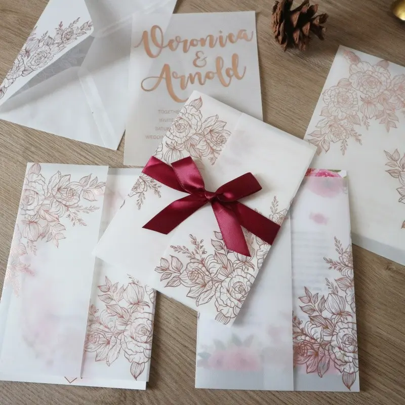1set/5set Wedding Invitations Cards, Card With Envelope, Pre-Folded Sulfuric Acid Paper Envelope,for Wedding ，Birthday, Blessing Card，Event & Party Supplies（Including Envelopes,Outer Cards, Blank Inner Pages, Bows）