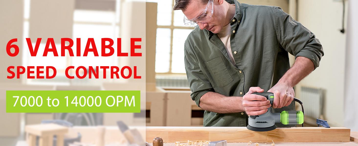 WORKPRO 5-Inch Random Orbit Sander, 6 Variable Speeds 7000 to 14000 RPM, 2.5 Amp Electric Sander for Woodworking with Dust Collector, 15pcs Sandpapers