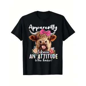 Apparently I Have An Attitude Who Knew Sarcasm Highland Cow Gift Unisex T-Shirt Men's Fashion Tee, Stylish Tops For Outdoors And Casual Wear - 220g