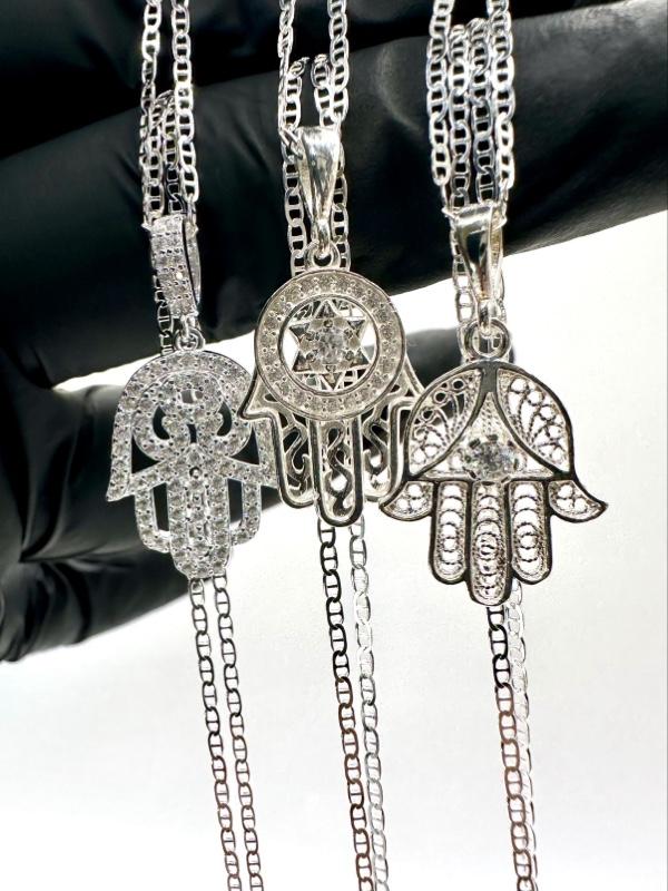 Hamsa Hand of Fatima with Evil Eye  925 Sterling Silver Pendant with 20” Marine Chain — Symbol of Protection & Good Energy