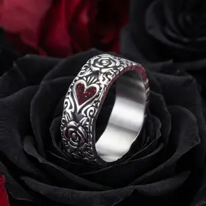 Gothic Heart Rose Ring for Women Girl, Red Enamel Statement Rings Cocktail Party Goth Y2K Punk Rock Girls Jewelry Size 6-12