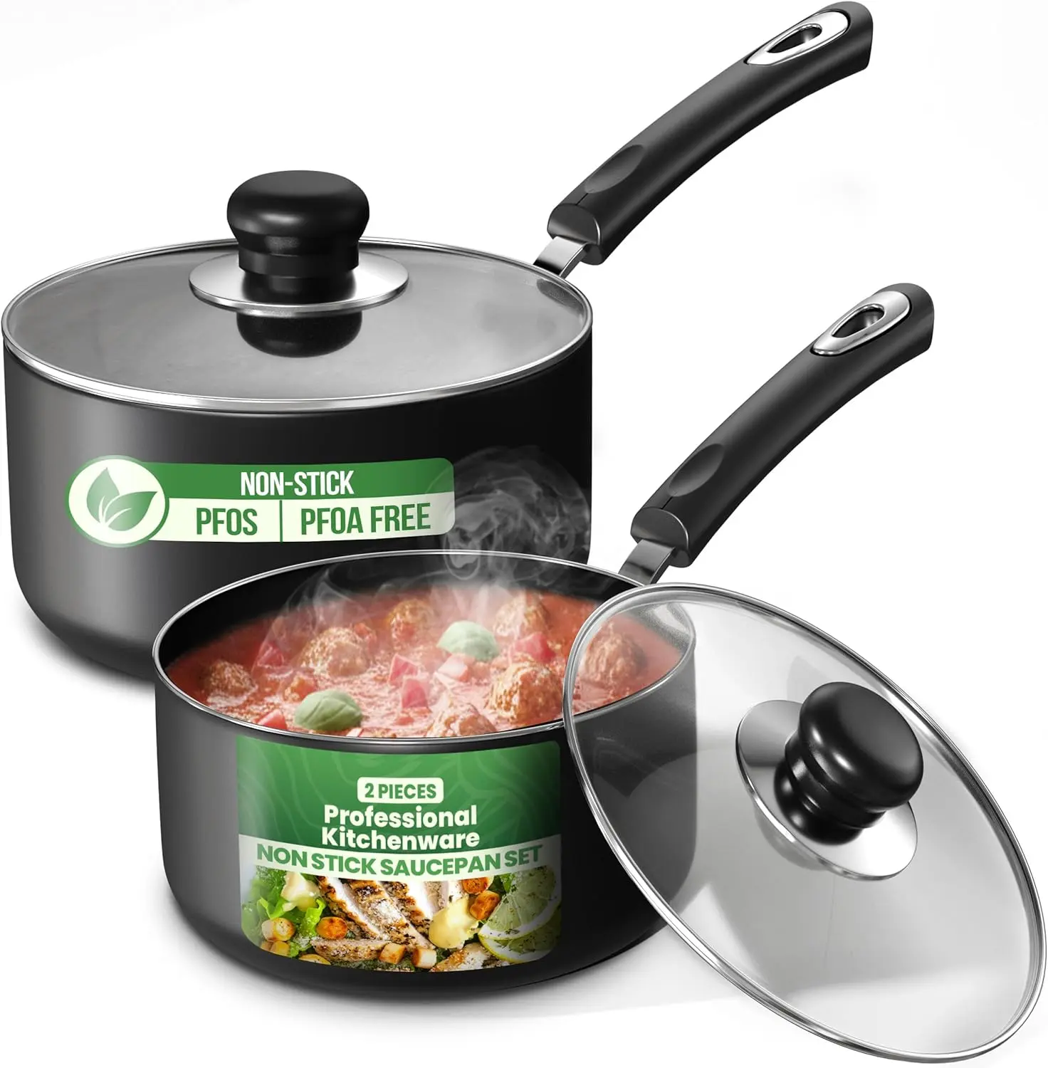 Utopia Kitchen 2-Piece Nonstick Aluminum Cookware Set - 1 Qt Small Batches & 2 Qt Stovetop Saucepans with Lids, Handles, Grey & Black Design, Even Heat Cook, Less Oil for Daily Use, Two Piece Set, Anti-Adhesive Cookware Sets
