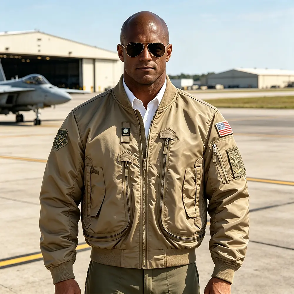 Menswear Classic MA1 Aviation Pilot Coat - Rugged Tactical Windbreaker, Ribbed Fabric, Pocket-Equipped Military Street Outerwear for Men, Coats, Bomber