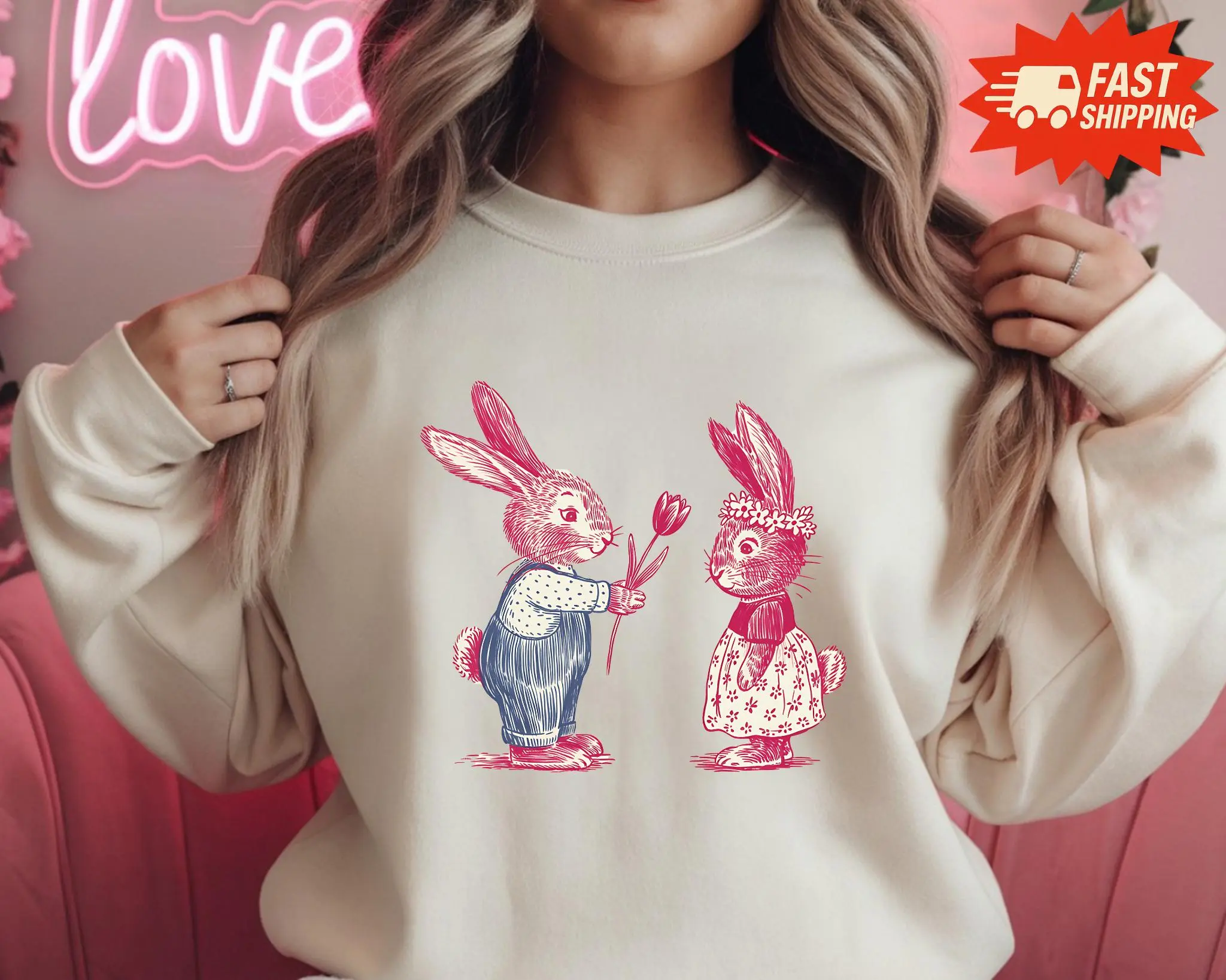 Vintage Bunny Love Shirt Cute Rabbit Couple Tee Valentine's Day Gift Romantic Cottagecore Apparel Retro Animal Lover Graphic T-shirt Spring Tee Cottagecore Easter Bunny