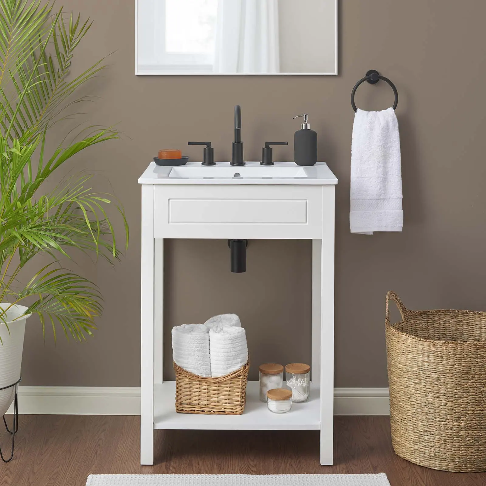 Modway Altura 24" White Modern Bathroom Vanity - Bathroom Storage Cabinet with Ceramic Sink Basin, Inset Detailing, Integrated Countertop