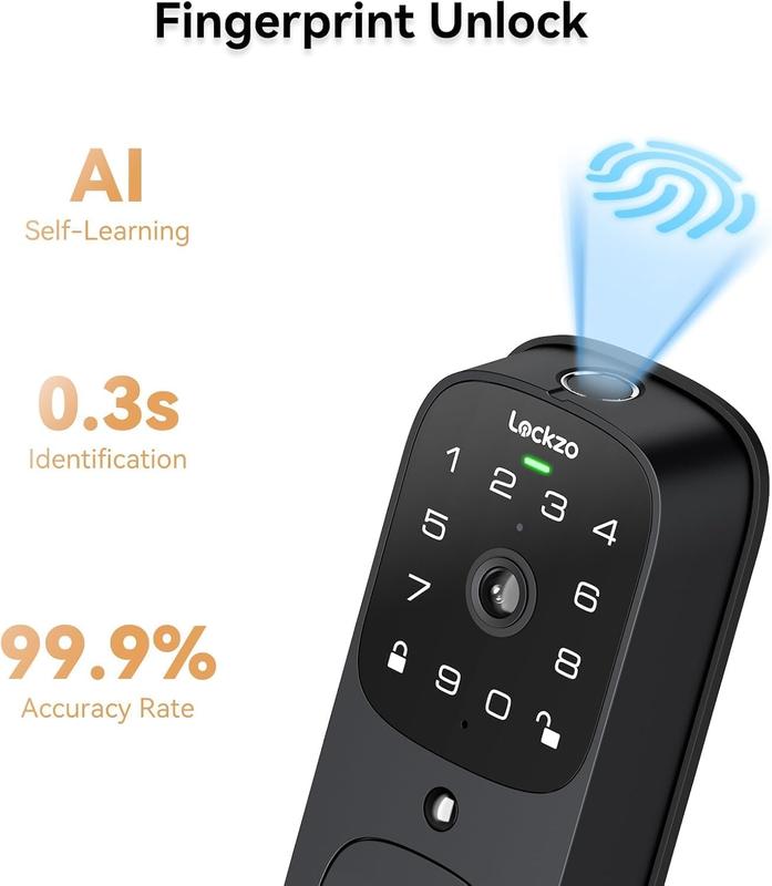 Lockzo 3-in-1 Video Smart Door Lock with Doorbell Fingerprint Keypad App WiFi Camera 2K HD 180° Wide Angle Dual Motion Sensors 10000mAh Battery IP65 Weather Resistant