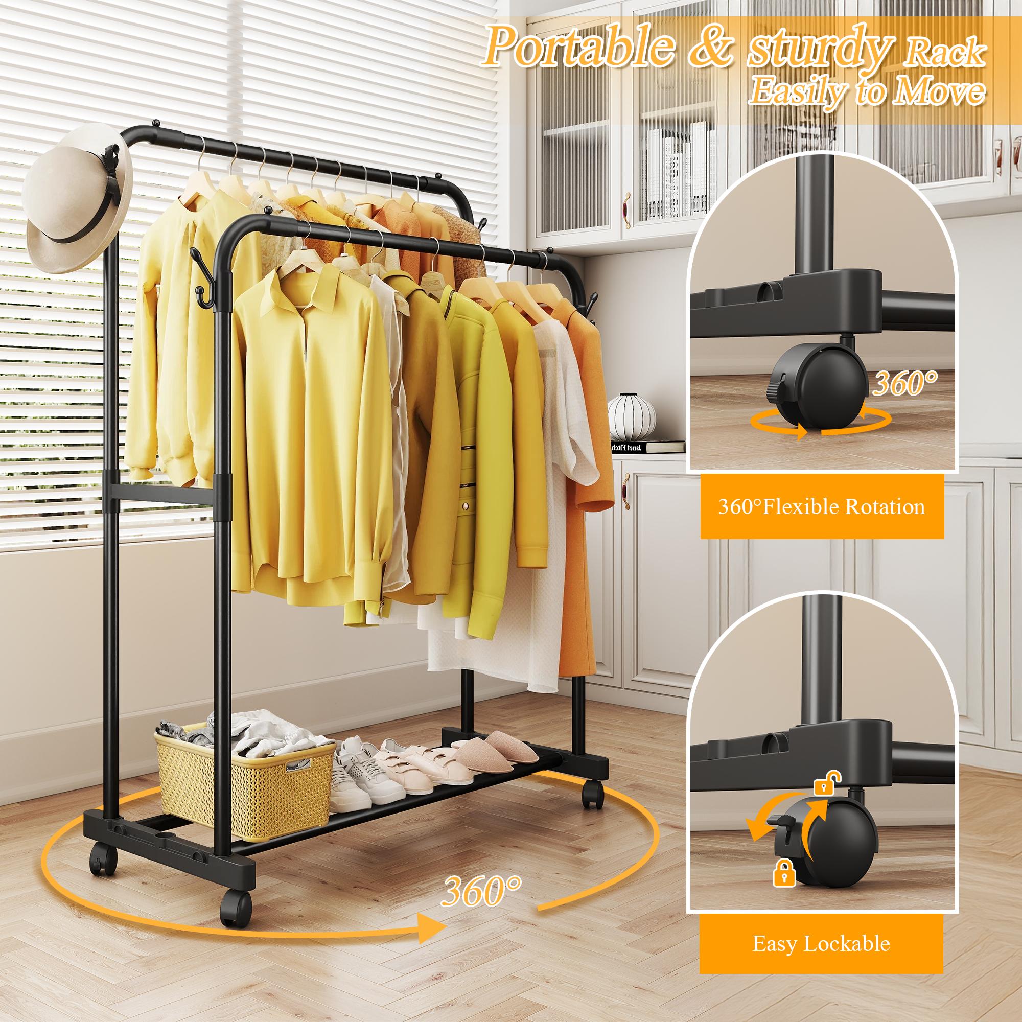 Raybee Clothing Rack with Shelves &Double Hanging Rods, Portable Clothes Rack with Wheels Rolling Garment Rack,  HangingClothing racks Holds Up to 245LBS, Metal Closet Rack, Clothes Organizer Solutions 43.3"Wx22"Dx70.3"H