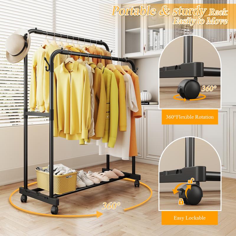 Raybee Clothing Rack with Shelves &Double Hanging Rods, Portable Clothes Rack with Wheels Rolling Garment Rack,  HangingClothing racks Holds Up to 245LBS, Metal Closet Rack, Clothes Organizer Solutions 43.3"Wx22"Dx70.3"H