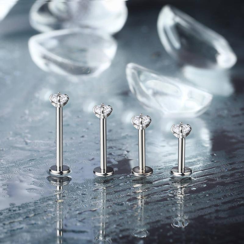 Oufer 16G CZ Titanium Internally Threaded  Prong Brezl Lobe Tragus Helix Cartilage Flat Back Piercing Stud  Labret Ring Barbel Length 6mm 8mm 10mm 12mm