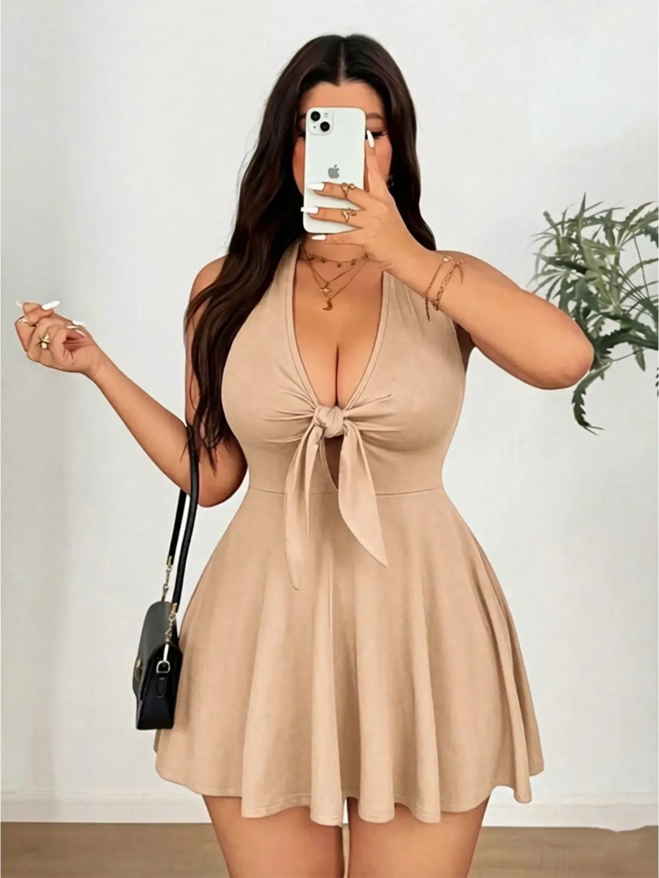 VYNCE Plus Size Solid Color Halter High Stretch Knit Tie Bow Dress Fall Elegant Party Dress Cocktail Formal Wear Plus Size Autumn Winter Outfit Fashion