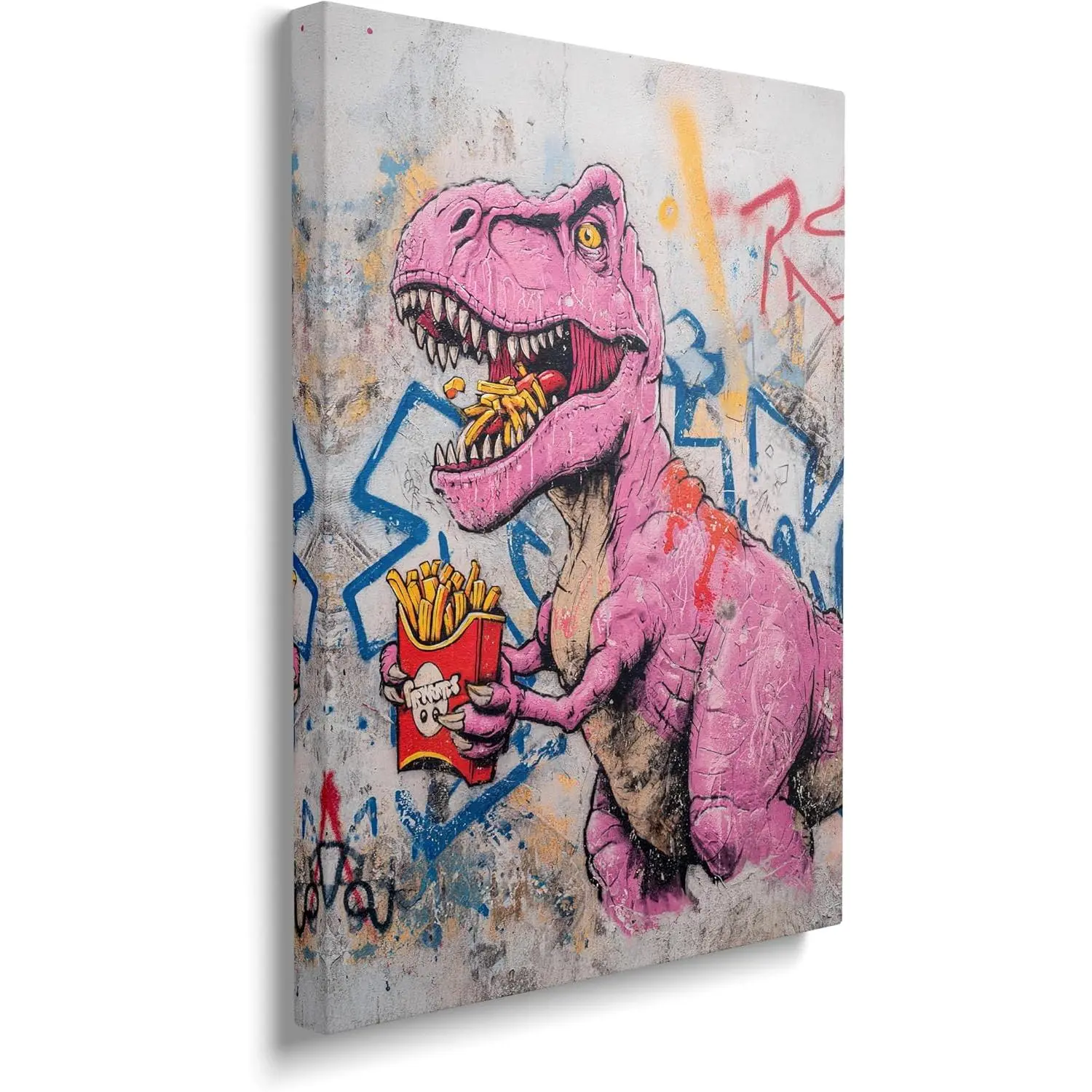 IBTKQSM Banksy-Inspired Funny Tyrannosaurus Dinosaur Canvas Wall Art Print, Artistic Food (French Fries) Graffiti Pop Decoration for Bathroom, Living Room Home Walls