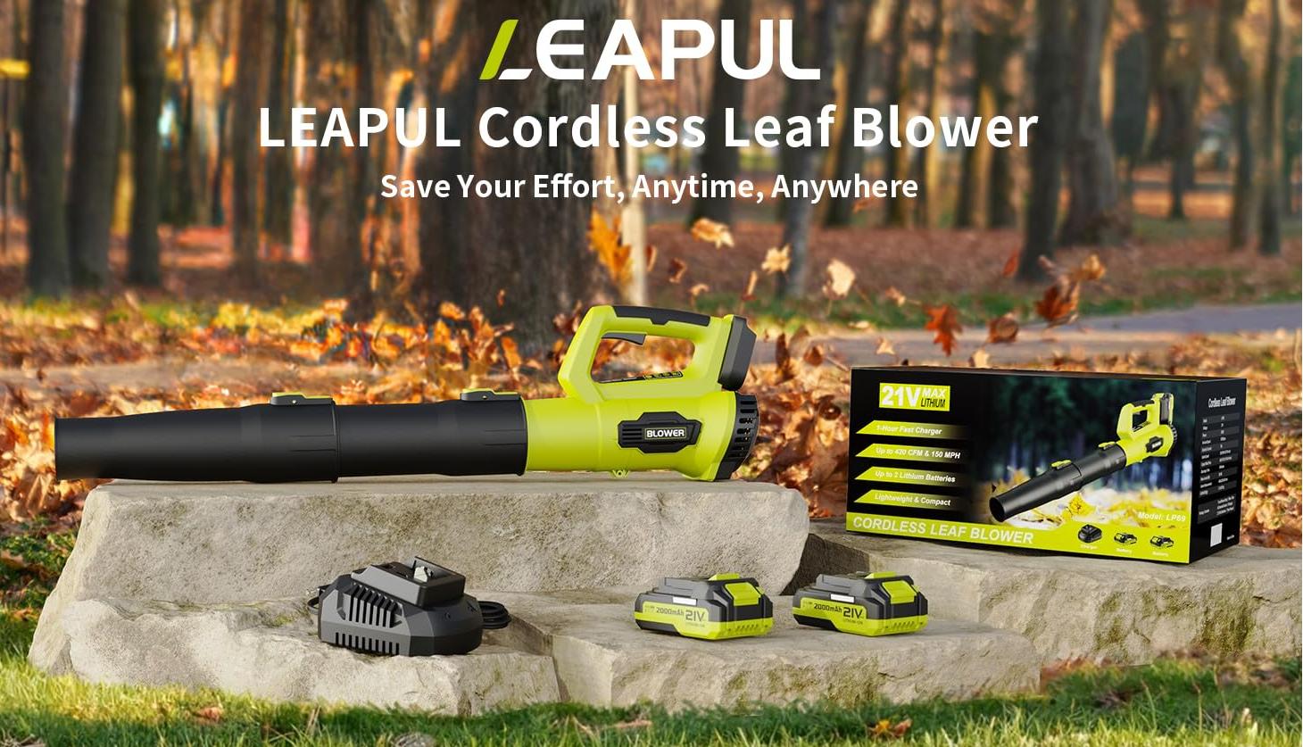 Cordless Leaf Blower LP69 21V Electric with 2 x 2.0Ah Batteries & Charger Lightweight Portable Garden Power Tool