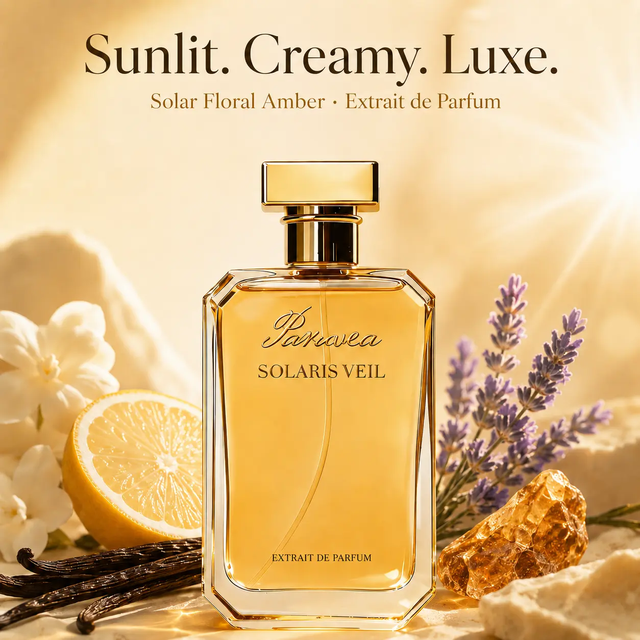 Paruvea Solaris Veil Extrait de Parfum | Amber Vanilla Perfume for Unisex | Citrus Spice Gourmand Scent | Long-Lasting Skin Scent | 100ml 3.4 fl oz