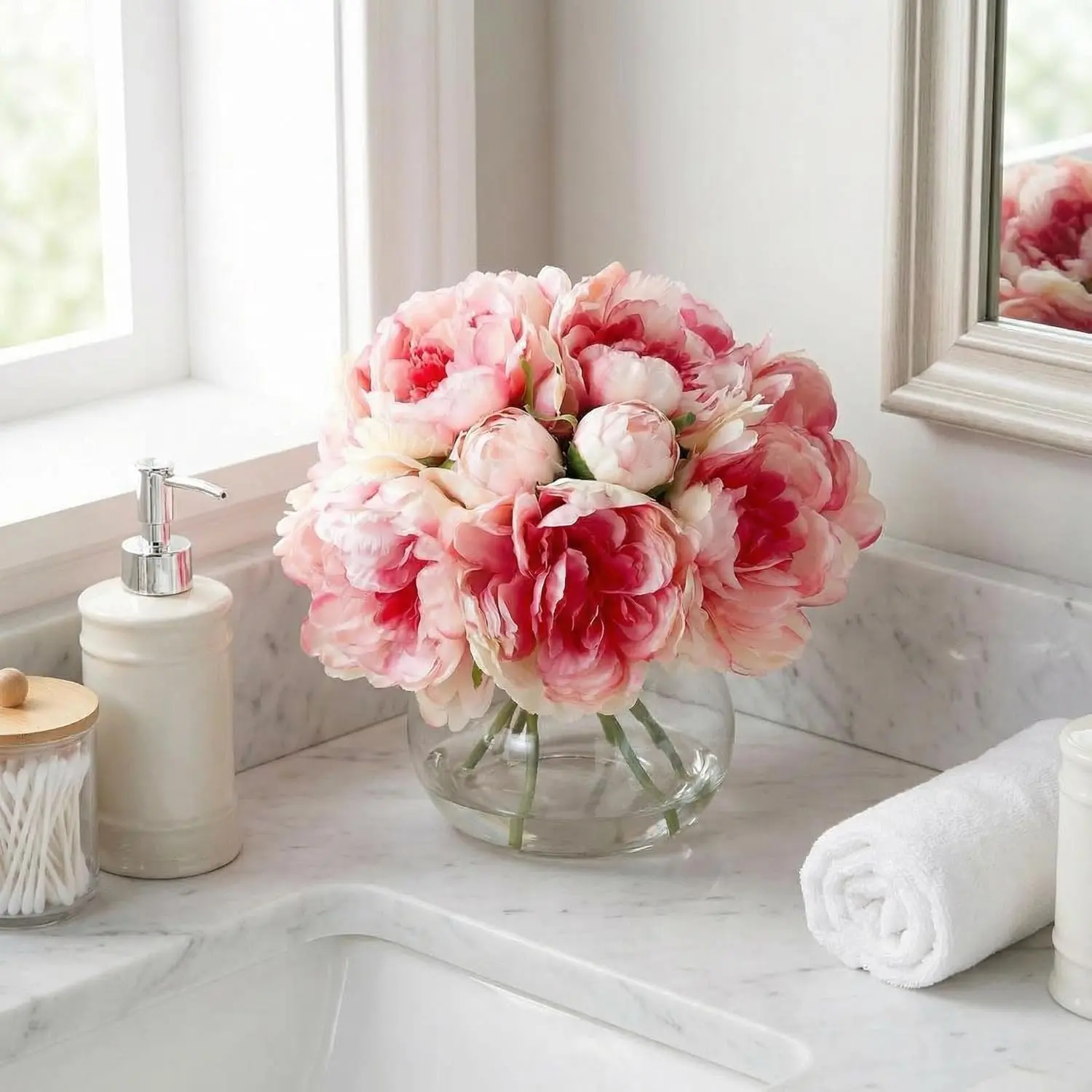 Gaomon Pre-Assembled Blush Pink Silk Fabric Peonies Artificial Flowers Bouquet with Faux Water Glass Vase, Adjustable Shape Decorative All-Seasons Home Decor for Living Room Table Centerpiece, Hotel Lobby Gift