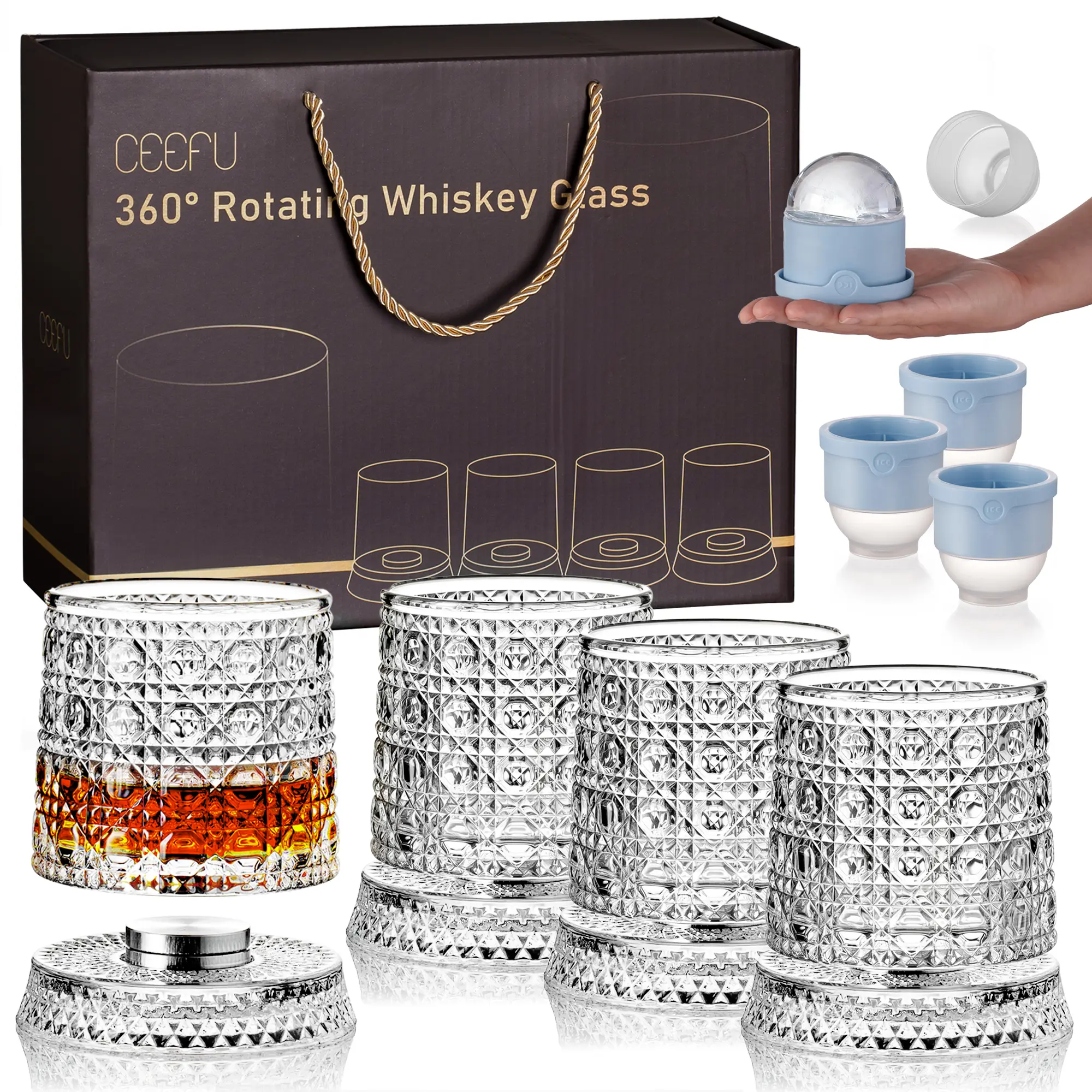 4-Pack 9.57oz (280ml) Diamond Cut Spinning Crystal Whiskey Glasses Set with 4 Ice Ball Molds & Gift Box, Stress Relief Tumbler for Cold Beverages, Parties Gifts for Whiskey Lovers, Home Bar Use