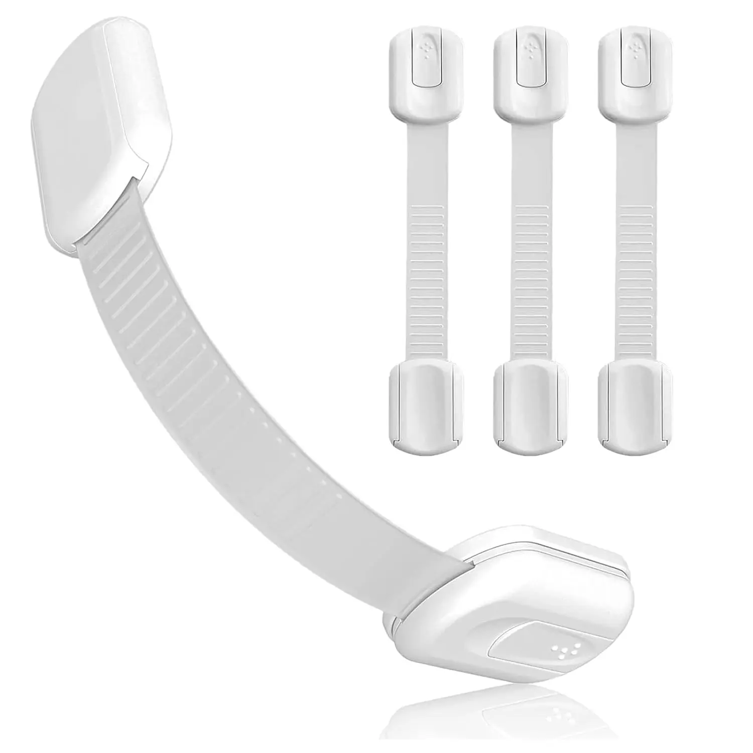 4-Pack Synthetic ABS Plastic Security Latch Locks & Latches - Adhesive Locks, 3-7 in Adjustable Length, Flexible Fit, Smooth Surface, No-Drill, Easy-to-Use, Installation Manual Included for Parents (Drawer/Refrigerator Compatible)