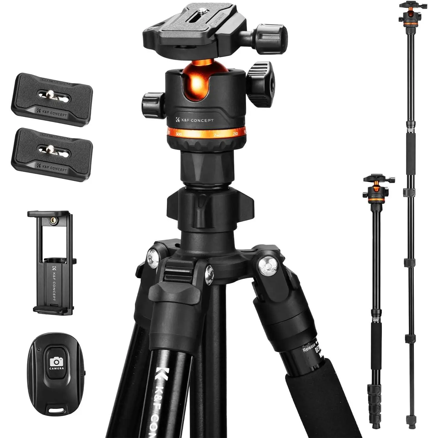 K&F CONCEPT 76" Camera Tripod with 360° Ball Head, Phone Holder & Tripod Mount, 17.6lbs Max Load, Detachable Monopod, Compact Camera Accessories for DSLR/Smartphone Photography