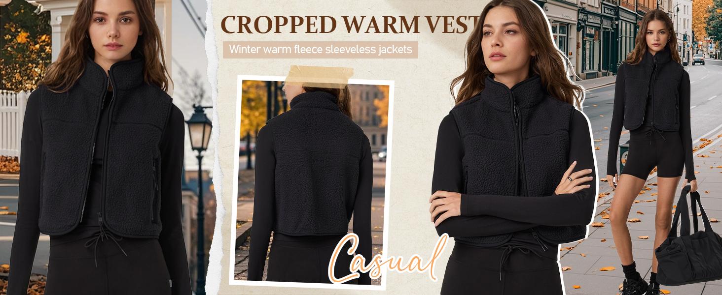 Songling  Short Fleece Vest Women Zip-Up Stand Collar Snow Leopard Vest Cute Sleeveless Fleece Vest with Pockets for Fall Cropped Fabric Womenswear Tops  Casual Winter Beige Basic