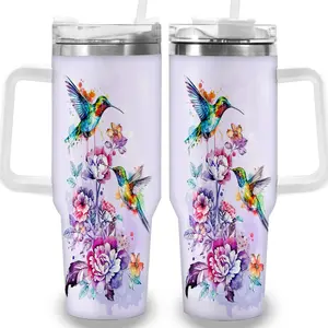 1pc 40oz Watercolor Hummingbird and Floral Tumbler with Lid, Insulated Travel Mug, Gift for Women Men, Ideal for Halloween, Independence Day, Memorial Birthday Gift, Coffee Cup, weird stuff