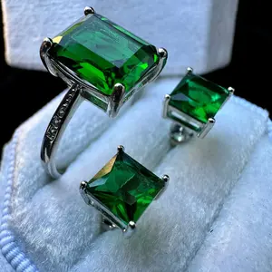 925 Sterling Silver Emerald Ring and Earrings Jewelry Set for Women