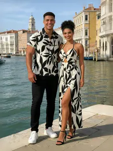 DRESSLILY 2026 Vacation Couple Outfit Women's Minimalist Leaf Pattern Twisted Cut Out Slit Halter Beach Dress and Men's Short Sleeve Shirt Summer Matching Set