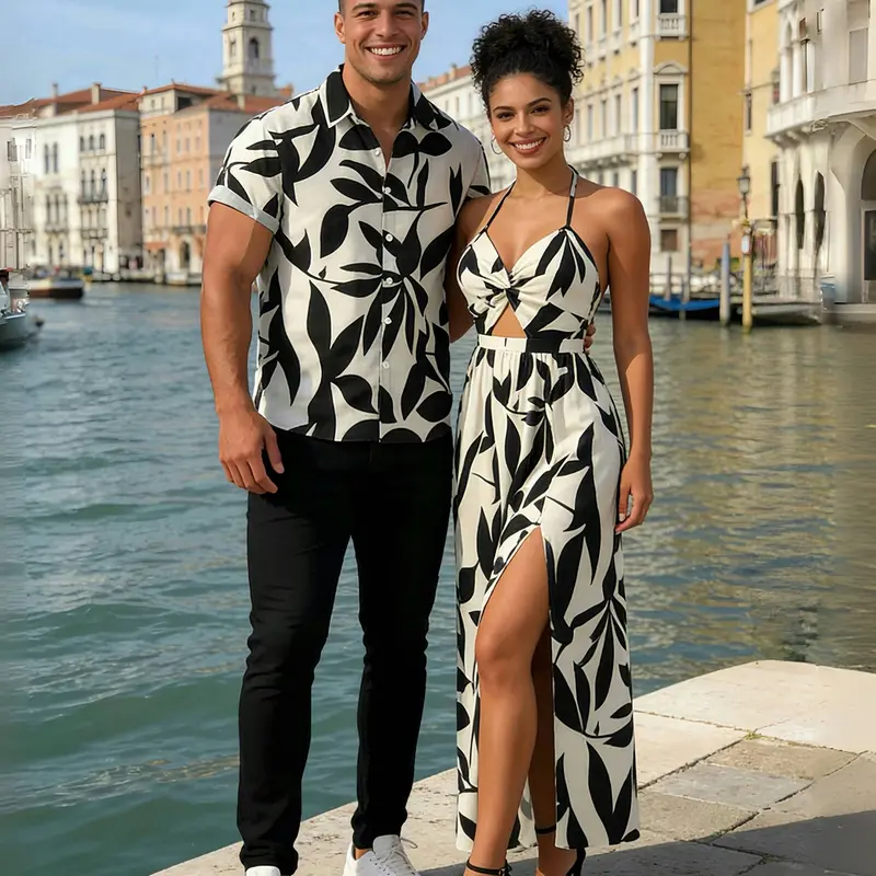 DRESSLILY 2026 Vacation Couple Outfit Women's Minimalist Leaf Pattern Twisted Cut Out Slit Halter Beach Dress and Men's Short Sleeve Shirt Summer Matching Set