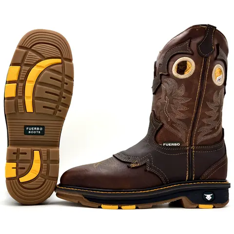 Fuerbo 5038 Men's Square Toe Western Work Boots, Full Grain Leather Pull-On Rodeo Boots, Steel Toe Option, Oil & Slip Resistant, Goodyear Welt Construction