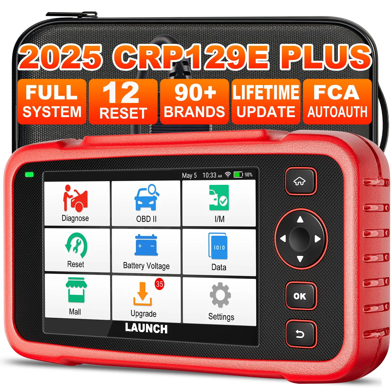 Launch CRP129E Plus OBD-II Scan Tool - Car Diagnostic Tool for Buick, Lincoln, 12 Reset Options, FCA AutoAuth, Car Battery Tester, BMS, Throttle Reset, Full System Coverage, 11+ Menu Language