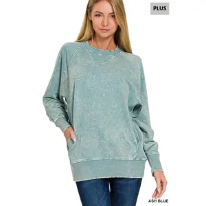 Zenana Plus Acid Washed French Terry Pullover with Pockets