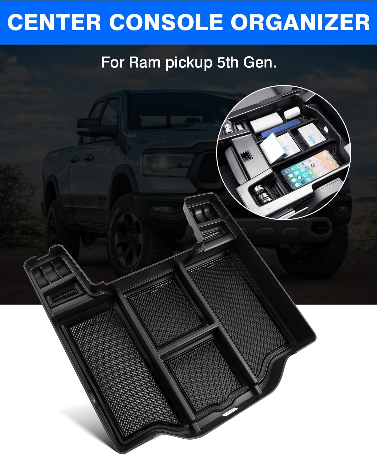 Canvcle Center Console Organizer for 2019-2024 2025 Dodge RAM 1500 2500 3500 Accessories Armrest Storage Box Secondary Insert Tray with 2 Color Mats (Full Console w/Bucket Seats ONLY)