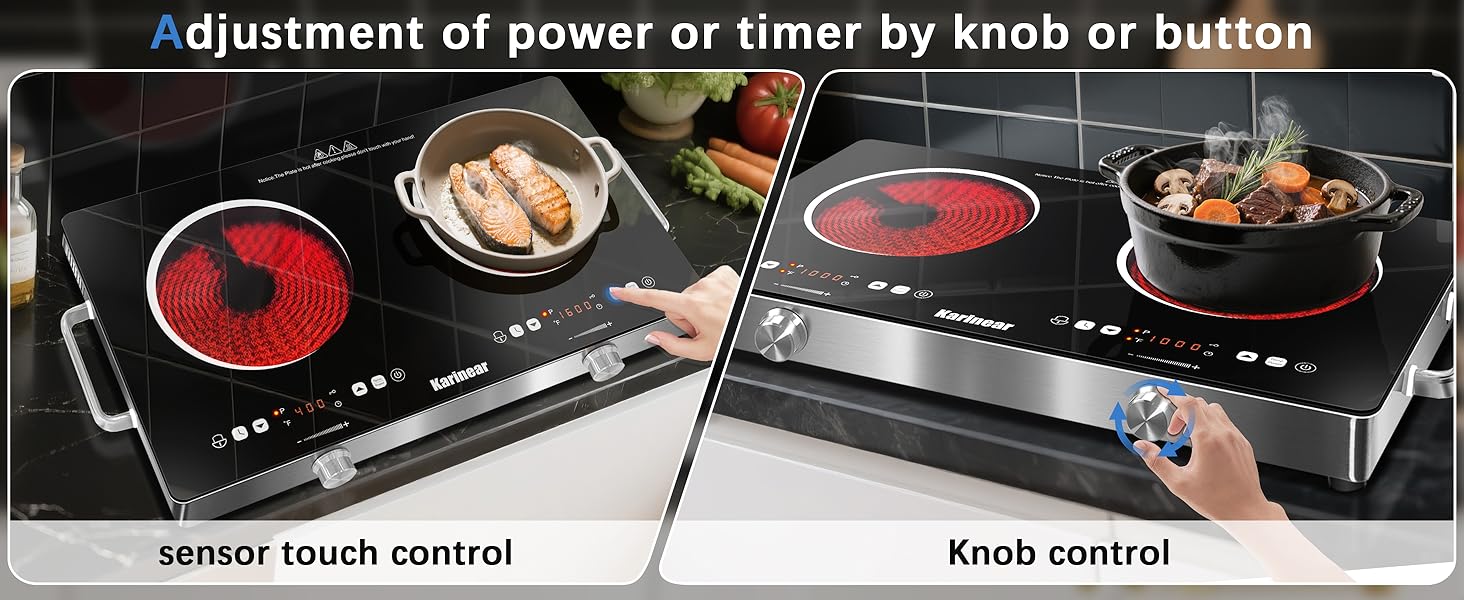 Karinear 2000W Portable Electronic Induction Cooktop - Double Burner Energy-Saving Multi-Function Induction Hobs, Cooking Equipment with Handle, Child Safety Lock, Knob & Touch Controls, 9-Level Adjustable Temperature, US Plug Kitchen Appliance
