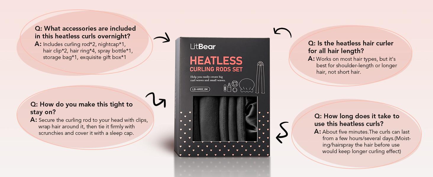 LitBear Heatless Curls Overnight, 2 Sizes of Soft Hair Rollers for Women with Bonnet to Sleep In, No Heat Hair Curlers Set with Scrunchies and Clips, for Long and Medium Hair