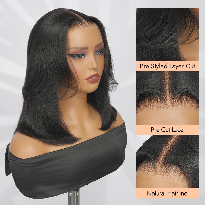 [Spring Essential] Wiggins Hair 220% Density Glueless Layered Cut Yaki Straight Bob Wig 7*5 Lace Closure Wigs Human Hair Ready To Go And 13*4 Lace Front Wig Pre Cut Lace Pre Plucked Beginner Friendly #SpringStatements #WeeklyDeals