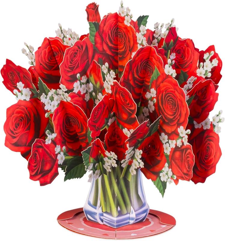 Paper Love Valentine's Pop Up Flower Bouquet Card, 3D Classic Red Roses Bouquet, with Detachable Forever Flowers Keepsake, Gift for Valentines Day, Birthday, Anniversary, Wedding, All Occasion - Oversized 10" x 7" Cover - w/Envelope & Note Tag