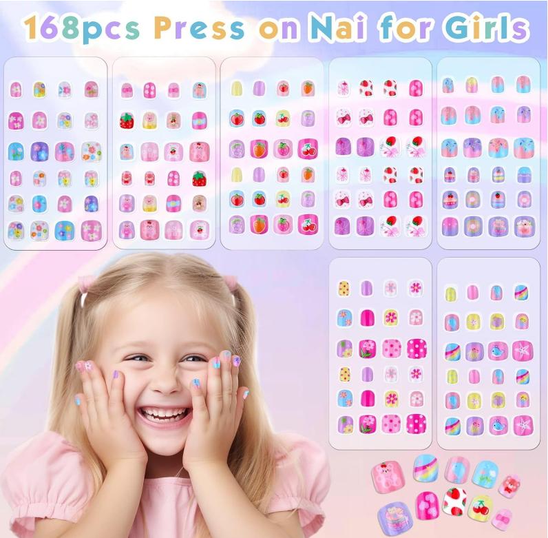 168Pcs Kids Press on Nails Set for Little Girls, Shynek Mini Fake Nails for Kids Pre Glue Stickers Nails Full Cover Small Nail Tips for Girls Gifts 8-10 (Extra Small Nail Size)