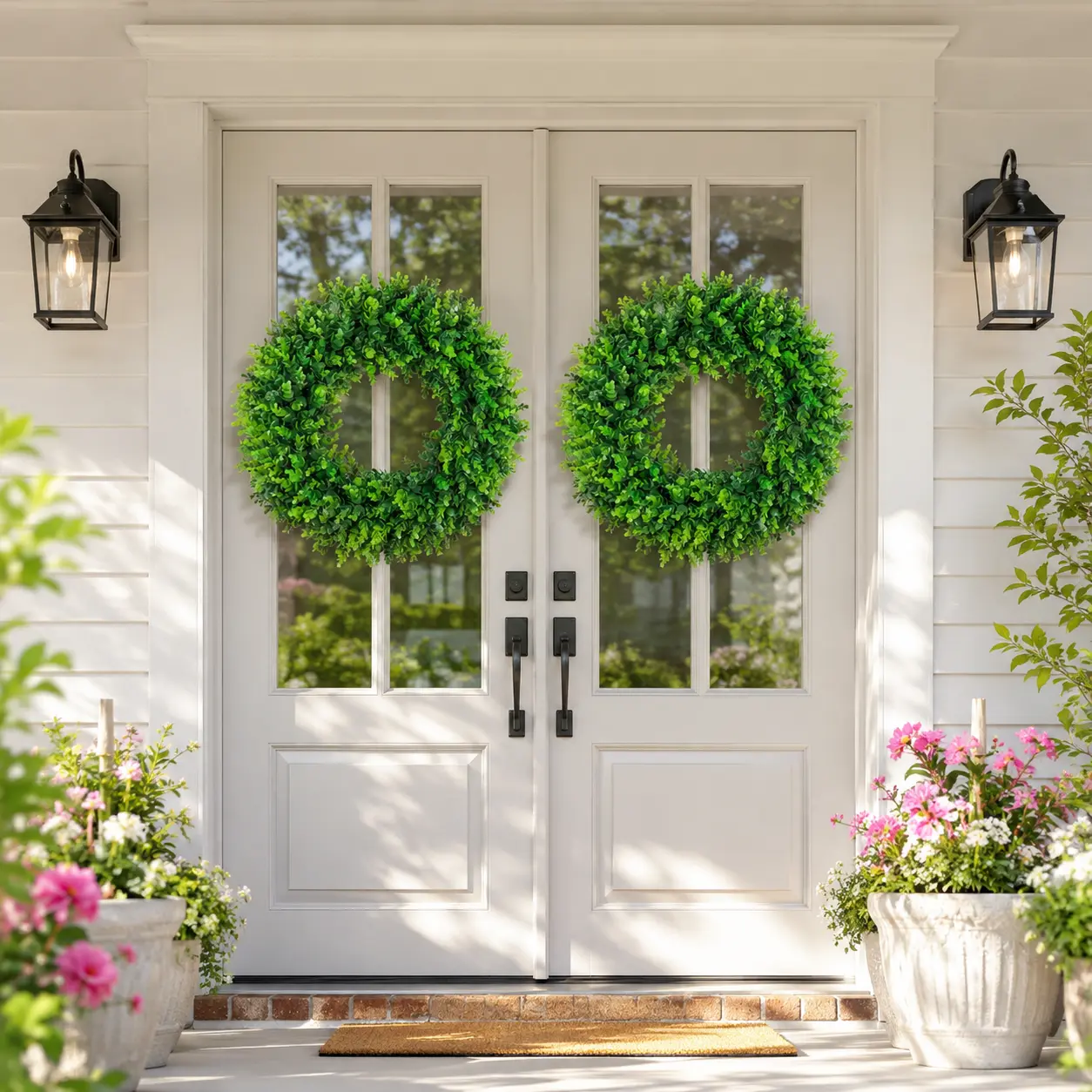Foldable Boxwood Wreath (20in/24in) with Hello Sign & Ribbon, Handmade Craft Party Decoration Supplies, Customizable Greenery Decoration for Front Door, All Seasons Indoor Outdoor Use, Holiday Decor