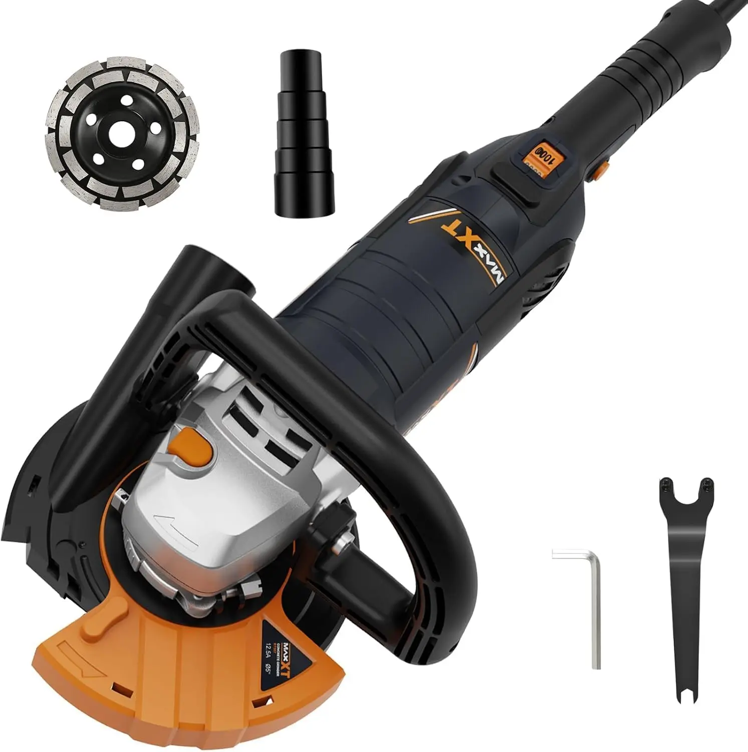 MAXXT 5 Inch Concrete Surfacing Grinder, 1500W 14A Motor, 7 Adjustable Speed Angle Grinder Kit with Diamond Disc, Removable Guard, Concrete Sander for Polishing and Grinder Stone Cement Marble Granite grinder Heavy Duty Portable