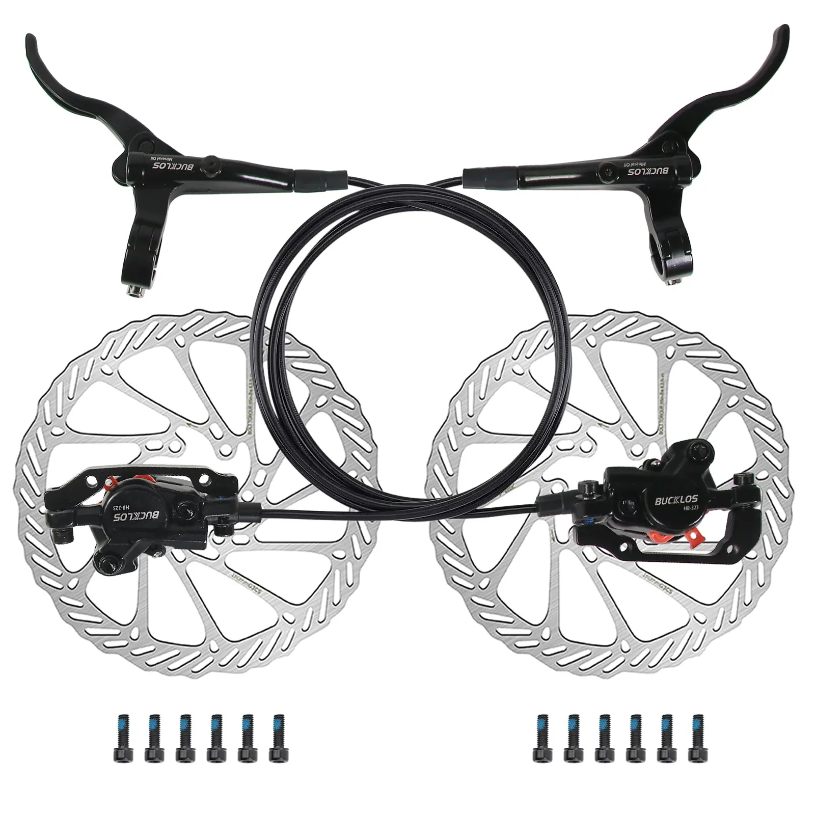 BUCKLOS HB-323 Hydraulic Disc Brake Kit, Ergonomic Aluminum Alloy Set with Dual Piston Calipers, Includes 160mm Rotors & IS/PM Adapter for MTB, E-Bikes, and Fat Bikes, High Quality, Ergonomic Design, Bike Accessories