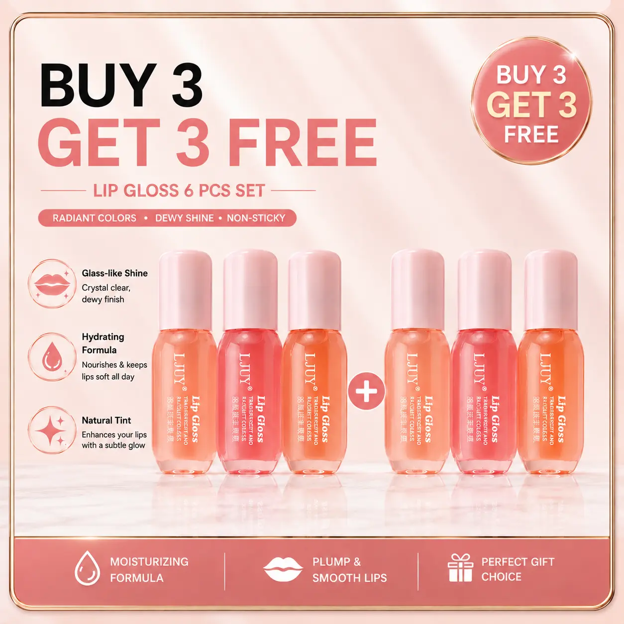 [BUY 3 GET 3 FREE] Moisturizing Clear Lip Gloss Set - 6 Count Lip Oil, Fades Lip Lines, Affordable Student-Friendly